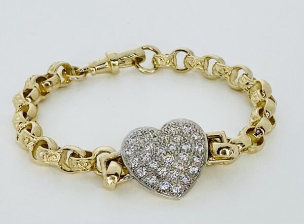 LADIES 9CT GOLD CZ FULL HEART BELCHER BRACELET 17 GRAM