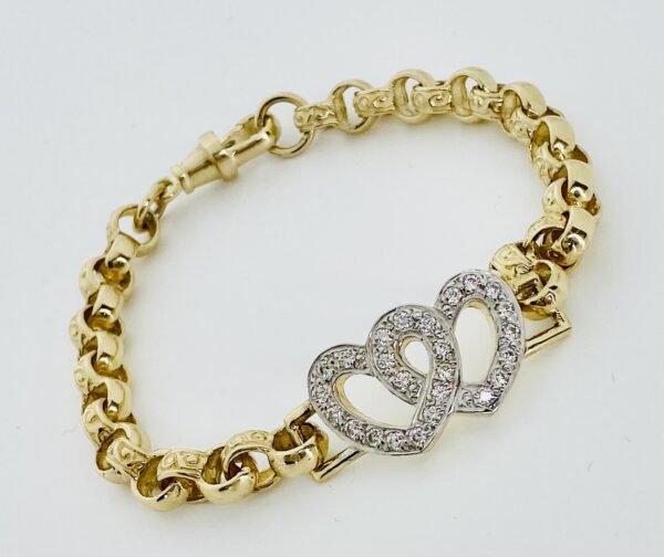 LADIES 9CT GOLD DOUBLE HEARTS BELCHER BRACELET 16 GRAM