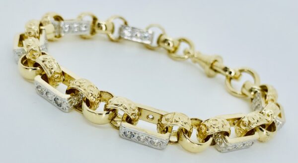 LADIES 9CT GOLD 23 GRAMS SQUARE CZ AND ROUND LINK BELCHER BRACELET