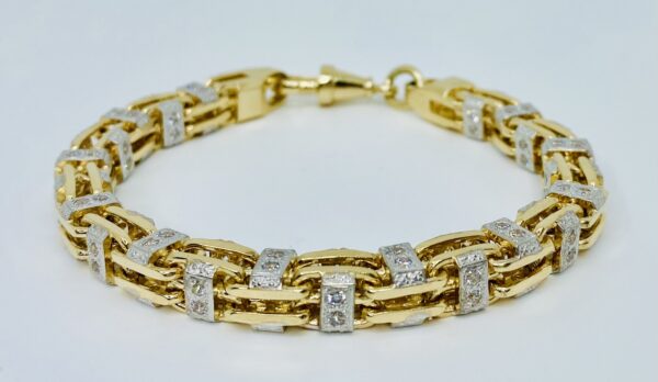 GENTS 9CT WHITE & YELLOW GOLD CUBIC ZIRCONIA CAGE BRACELET 52 GRAMS