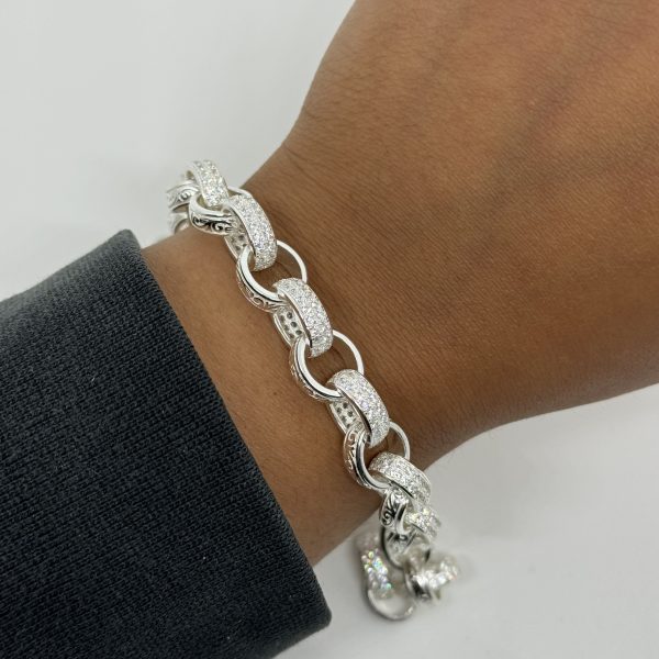 Sterling Silver cubic zirconia and patterned belcher bracelet