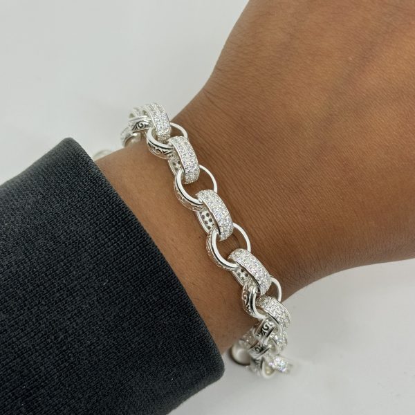 Sterling Silver cubic zirconia and patterned Belcher Bracelet