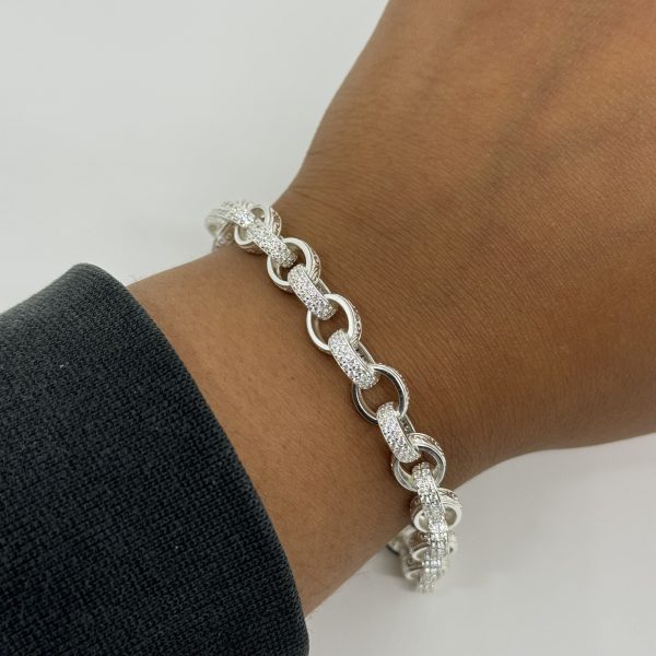 Sterling Silver cubic zirconia and patterned belcher bracelet