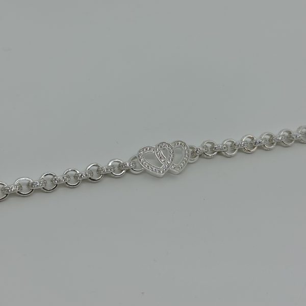 Sterling silver double heart belcher bracelets with cubic zirconias - Image 4
