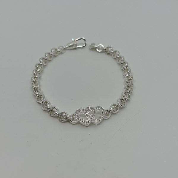 Sterling silver double heart belcher bracelets with cubic zirconias - Image 2