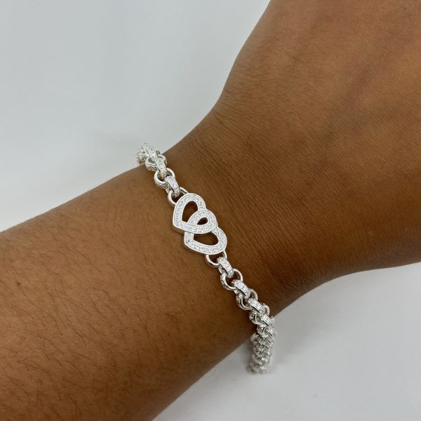 Sterling silver double heart belcher bracelets with cubic zirconias