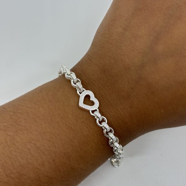 Sterling Silver Open Heart belcher bracelet with cubic zirconia