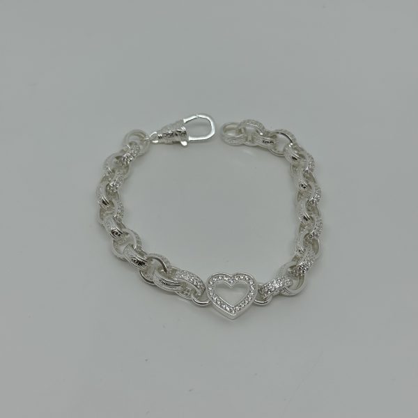 Sterling Silver Open Heart belcher bracelet with cubic zirconia - Image 2