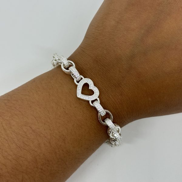 Sterling Silver Open Heart belcher bracelet with cubic zirconia