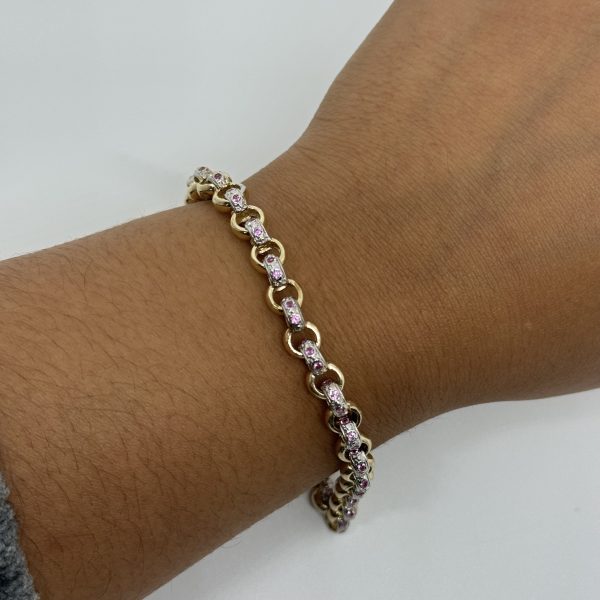 LADIES 9CT GOLD PINK STONE BELCHER BRACELET 17 GRAMS