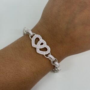 Sterling Silver Ladies Baby Pink Double Heart Belcher Bracelet