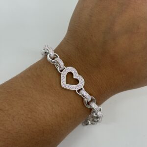 Sterling Silver Ladies Baby Pink Open Heart Belcher Bracelet